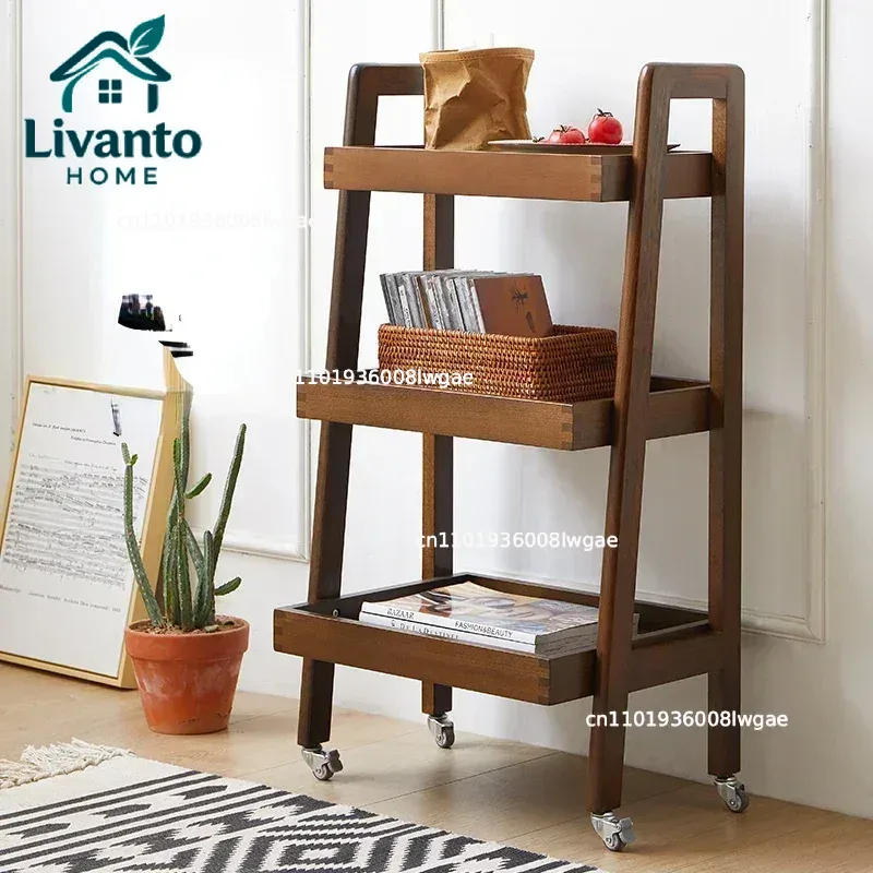 Book Cart Rolling - Farmhouse Solid Wood Rolling Cart with